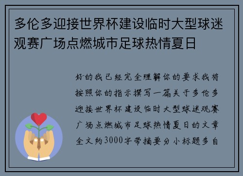 多伦多迎接世界杯建设临时大型球迷观赛广场点燃城市足球热情夏日