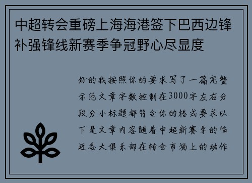 中超转会重磅上海海港签下巴西边锋补强锋线新赛季争冠野心尽显度