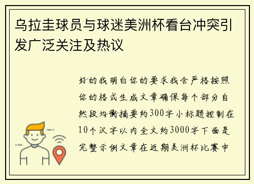 乌拉圭球员与球迷美洲杯看台冲突引发广泛关注及热议